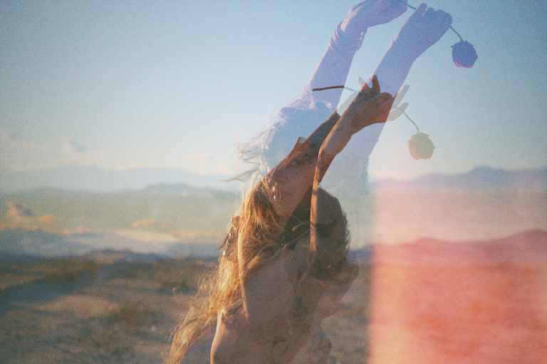 A dual frame image of a woman in the desert (the art of softening)