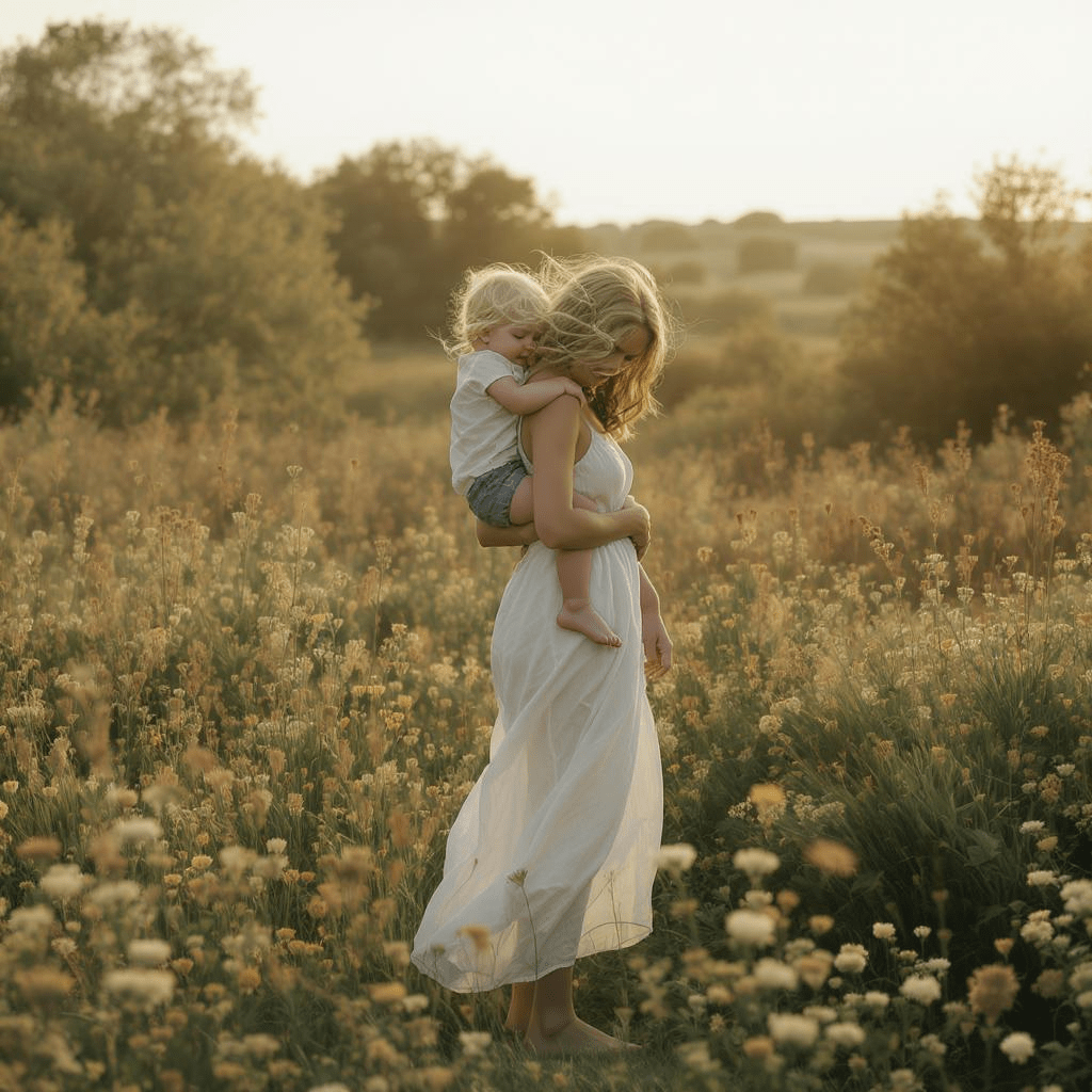 A mother with her child on her back, in a field of flowers.