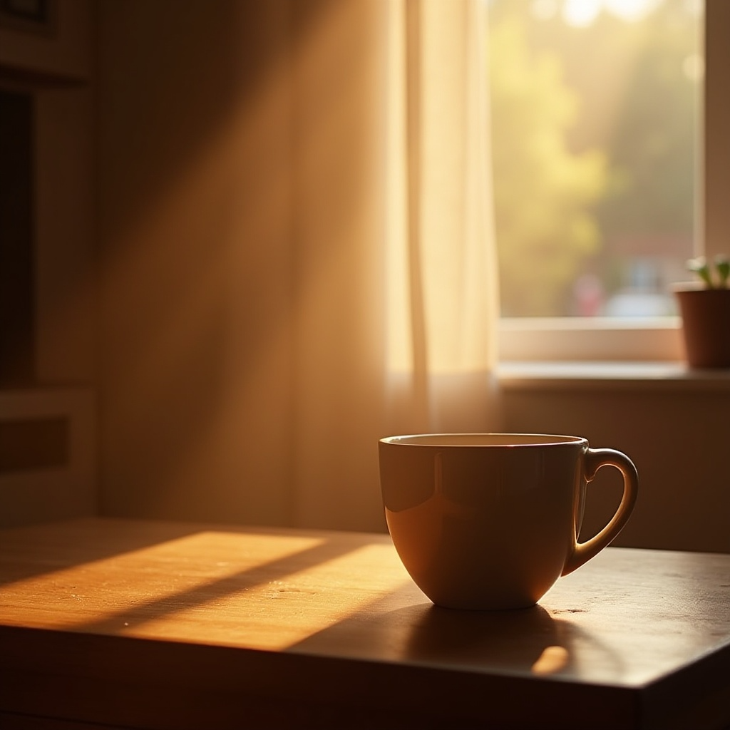 A cup on a table with a sun filled room behind. 